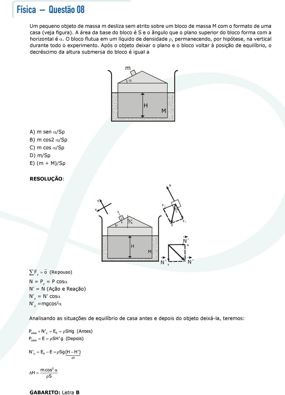 O bloco flutua em um líquido de densidade ρ, permanecendo, por hipótese, na vertical durante todo o experimento.