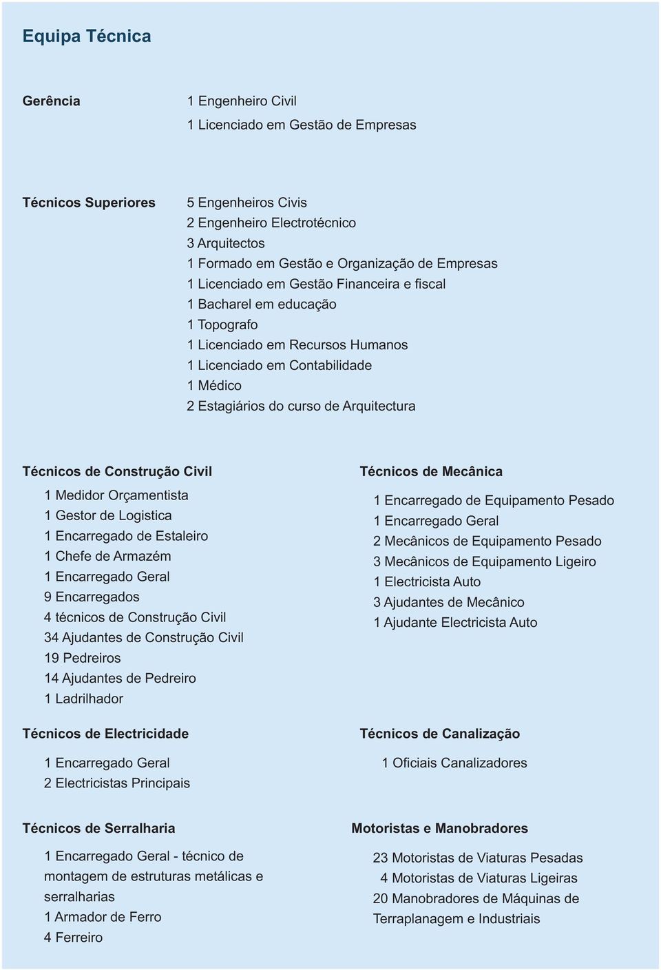 Técnicos de Construção Civil 1 Medidor Orçamentista 1 Gestor de Logistica 1 Encarregado de Estaleiro 1 Chefe de Armazém 1 Encarregado Geral 9 Encarregados 4 técnicos de Construção Civil 34 Ajudantes