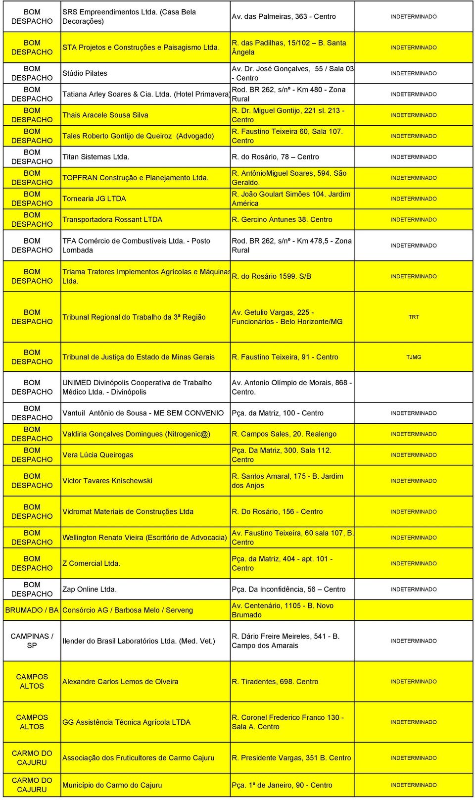 213 - Tales Roberto Gontijo de Queiroz (Advogado) R. Faustino Teixeira 60, Sala 107. Titan Sistemas Ltda. R. do Rosário, 78 TOPFRAN Construção e Planejamento Ltda. R. AntônioMiguel Soares, 594.