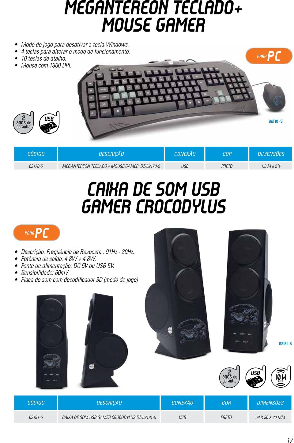 8 M ± 5% Caixa de Som USB Gamer Crocodylus Descrição: Freqüência de Resposta : 91Hz - 20Hz. Potência de saída: 4.8W 