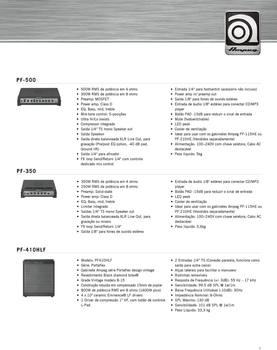 1/4" com controle dedicado mix control 350W RMS de potência em 4 ohms 250W RMS de potência em 8 ohms Preamp: Solid-state Power amp: Class D EQ: Bass, mid, treble Limiter integrado Saídas 1/4" TS mono