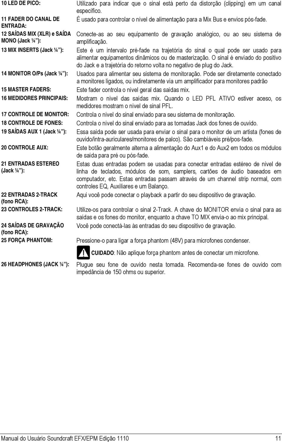 ENTRADA: 12 SAÍDAS MIX (XLR) e SAÍDA Conecte-as ao seu equipamento de gravação analógico, ou ao seu sistema de MONO (Jack ¼ ): amplificação.