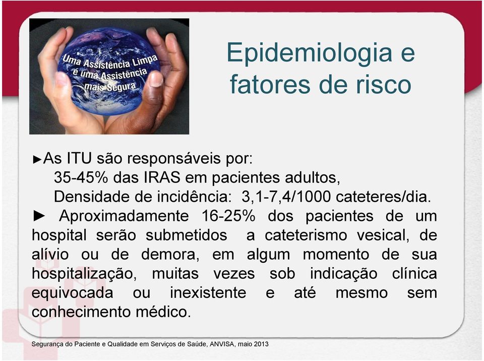 Aproximadamente 16-25% dos pacientes de um hospital serão submetidos a cateterismo vesical, de alívio ou de demora, em