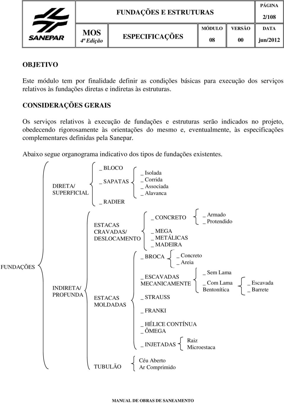 complementares definidas pela Sanepar. Abaixo segue organograma indicativo dos tipos de fundações existentes.