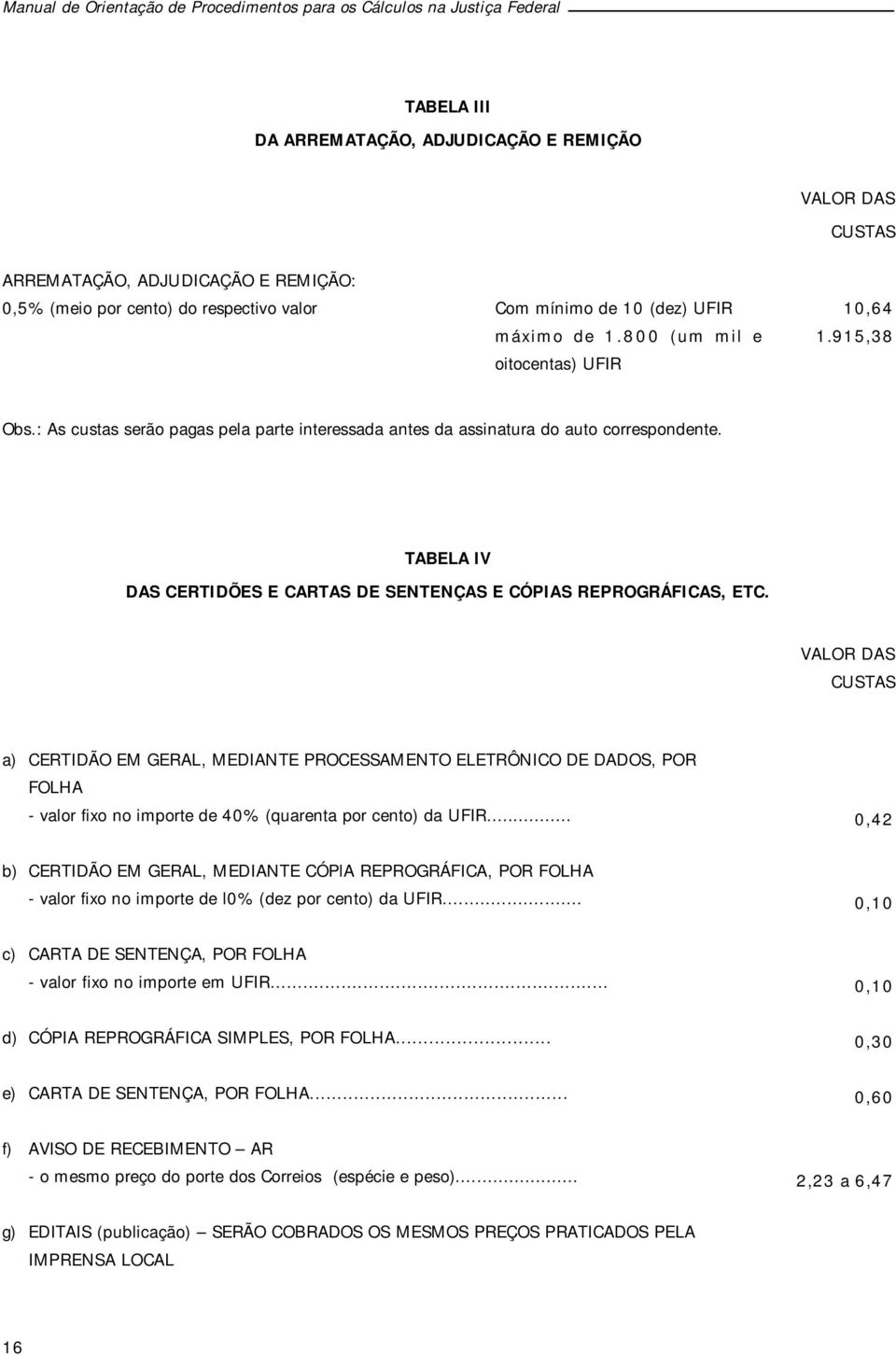 TABELA IV DAS CERTIDÕES E CARTAS DE SENTENÇAS E CÓPIAS REPROGRÁFICAS, ETC.