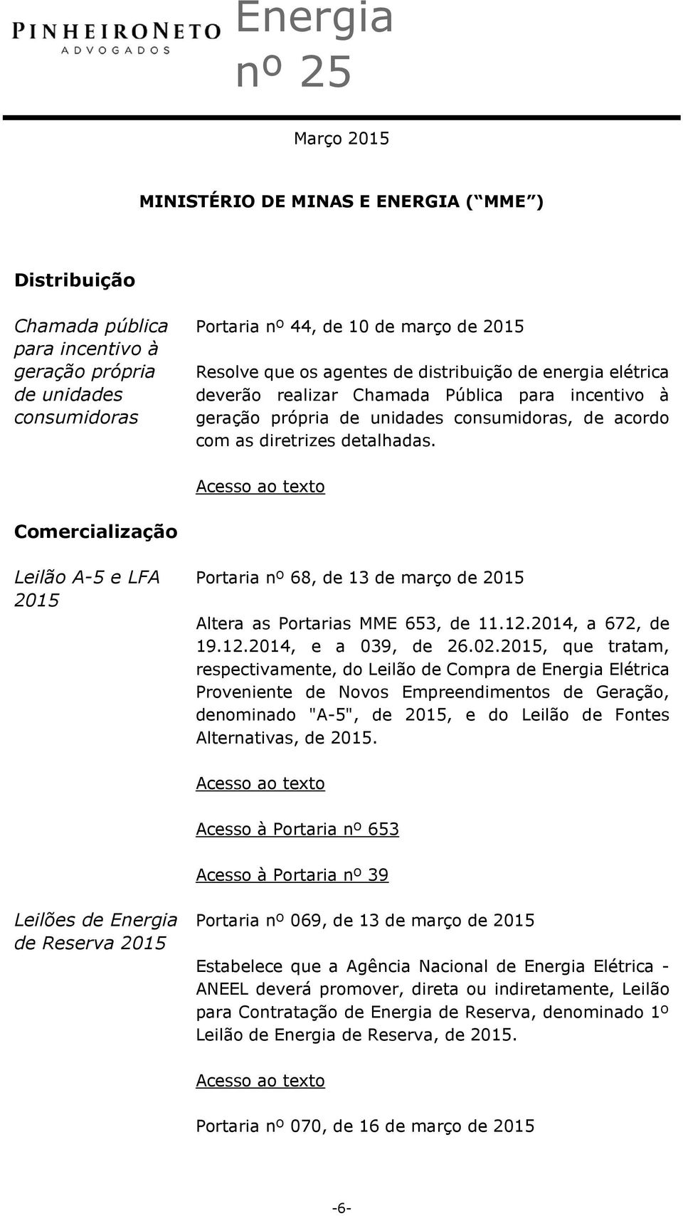 Comercialização Leilão A-5 e LFA 2015 Portaria nº 68, de 13 de março de 2015 Altera as Portarias MME 653, de 11.12.2014, a 672, de 19.12.2014, e a 039, de 26.02.