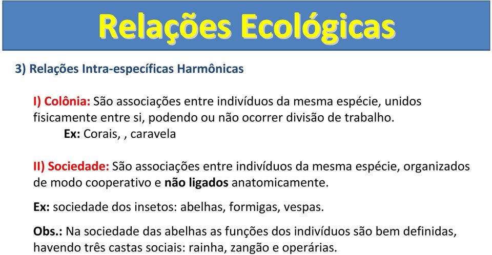 Ex: Corais,, caravela II) Sociedade: São associações entre indivíduos da mesma espécie, organizados de modo cooperativo e não