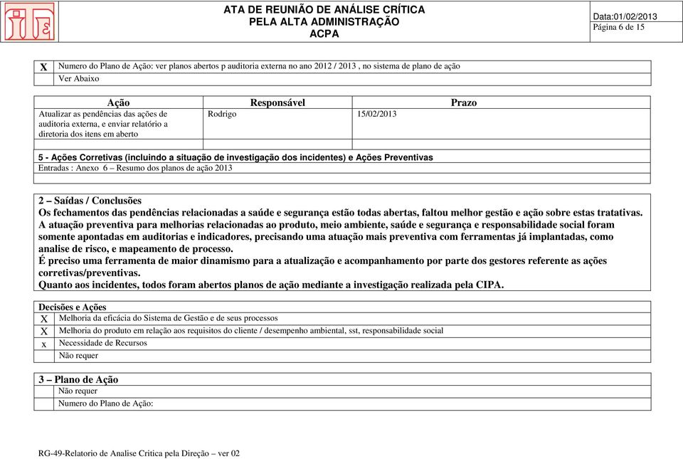 Conclusões Os fechamentos das pendências relacionadas a saúde e segurança estão todas abertas, faltou melhor gestão e ação sobre estas tratativas.