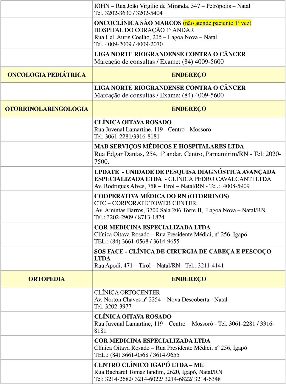 3061-2281/3316-8181 MAB SERVIÇOS MÉDICOS E HOSPITALARES LTDA Rua Edgar Dantas, 254, 1º andar, Centro, Parnamirim/RN - Tel: 2020-7500.