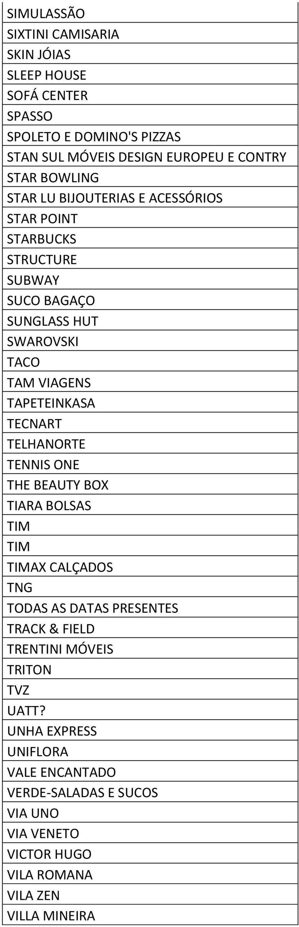 TAPETEINKASA TECNART TELHANORTE TENNIS ONE THE BEAUTY BOX TIARA BOLSAS TIM TIM TIMAX CALÇADOS TNG TODAS AS DATAS PRESENTES TRACK & FIELD