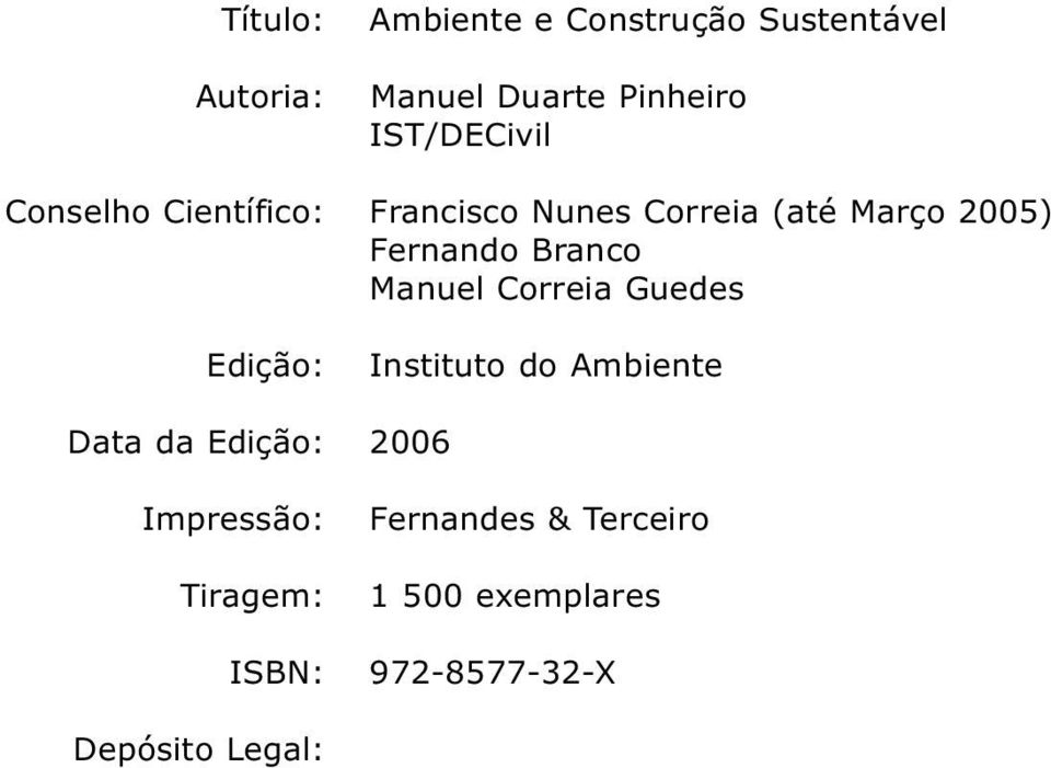 Branco Manuel Correia Guedes Edição: Instituto do Ambiente Data da Edição: 2006