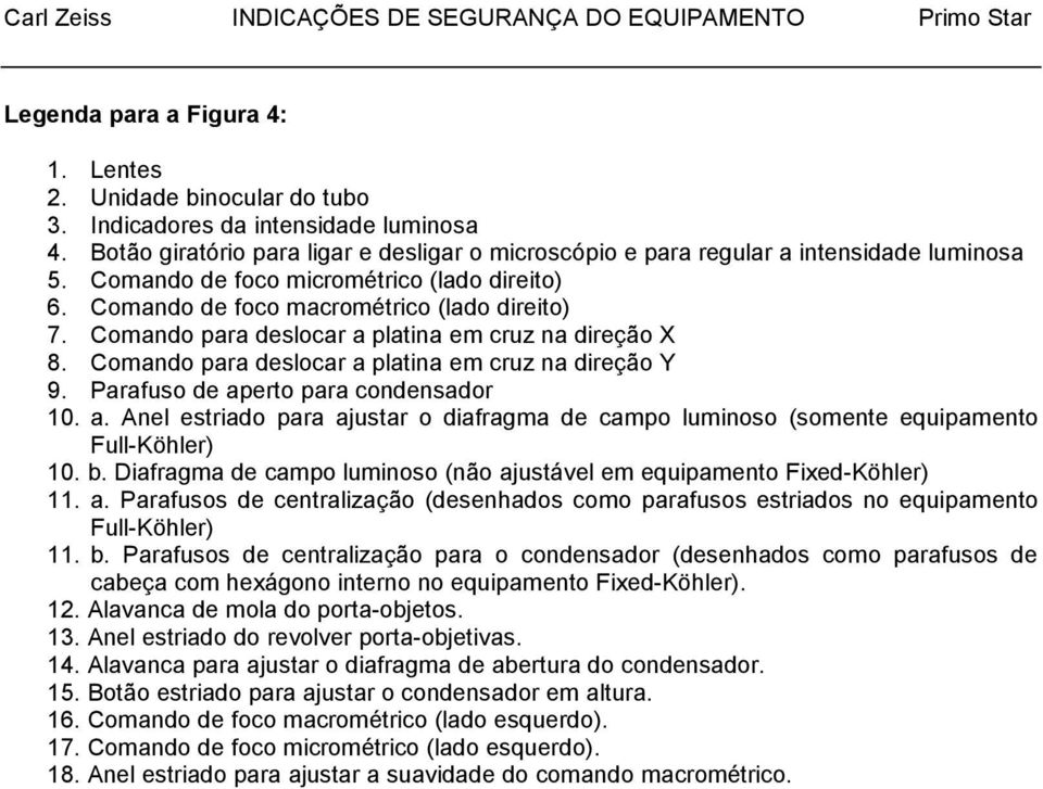 Comando para deslocar a platina em cruz na direção Y 9. Parafuso de aperto para condensador 10. a. Anel estriado para ajustar o diafragma de campo luminoso (somente equipamento Full-Köhler) 10. b.