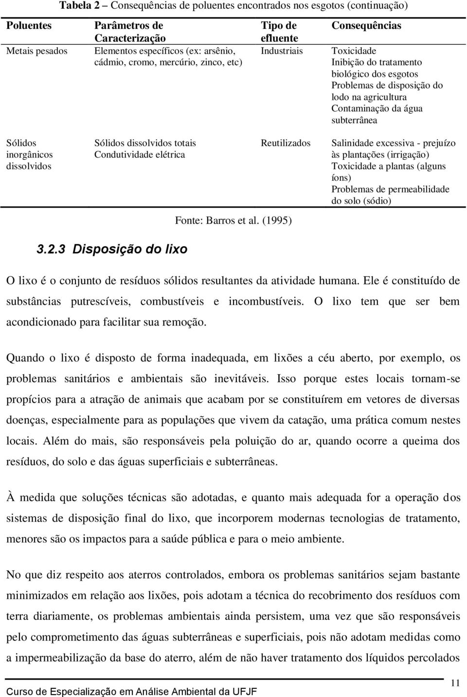 inorgânicos dissolvidos Sólidos dissolvidos totais Condutividade elétrica Reutilizados Fonte: Barros et al.