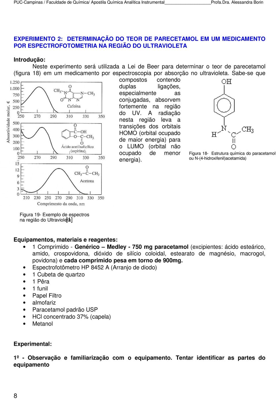 determinar o teor de parecetamol (figura 18) em um medicamento por espectroscopia por absorção no ultravioleta.