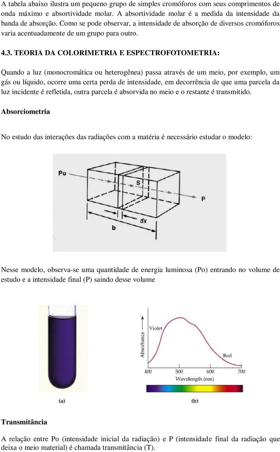 TEORIA DA COLORIMETRIA E ESPECTROFOTOMETRIA: Quando a luz (monocromática ou heterogênea) passa através de um meio, por exemplo, um gás ou líquido, ocorre uma certa perda de intensidade, em