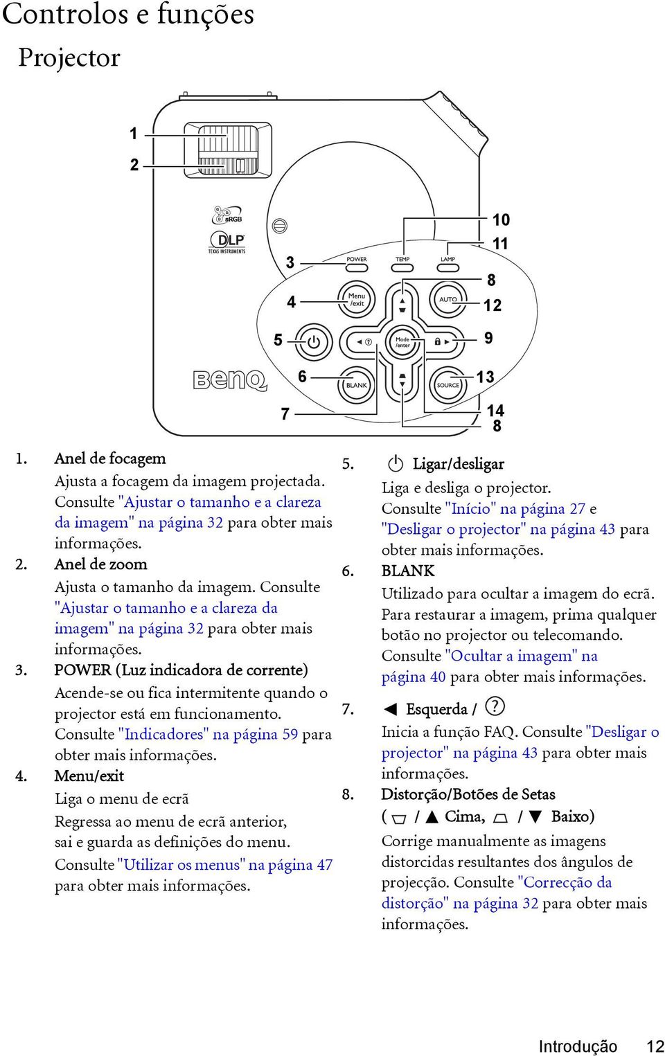 Consulte "Ajustar o tamanho e a clareza da imagem" na página 32 para obter mais informações. 3. POWER (Luz indicadora de corrente) Acende-se ou fica intermitente quando o projector está em funcionamento.