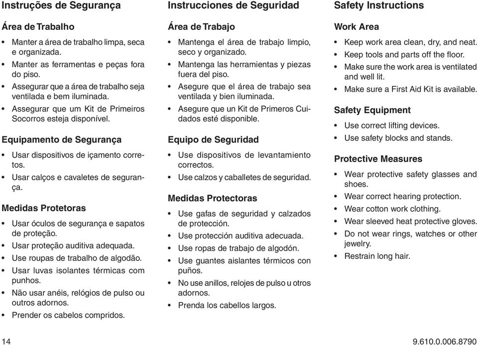 Usar calços e cavaletes de segurança. Medidas Protetoras Usar óculos de segurança e sapatos de proteção. Usar proteção auditiva adequada. Use roupas de trabalho de algodão.