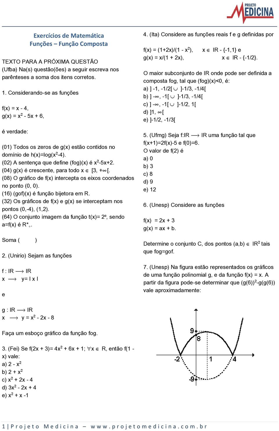 (04) g(x) é crescente, para todo x Æ [3, + [. (08) O gráfico de f(x) intercepta os eixos coordenados no ponto (0, 0). (16) (gof)(x) é função bijetora em R.