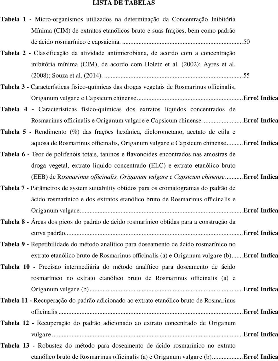 (2014).... 55 Tabela 3 - Características físico-químicas das drogas vegetais de Rosmarinus officinalis, Origanum vulgare e Capsicum chinense... Erro!