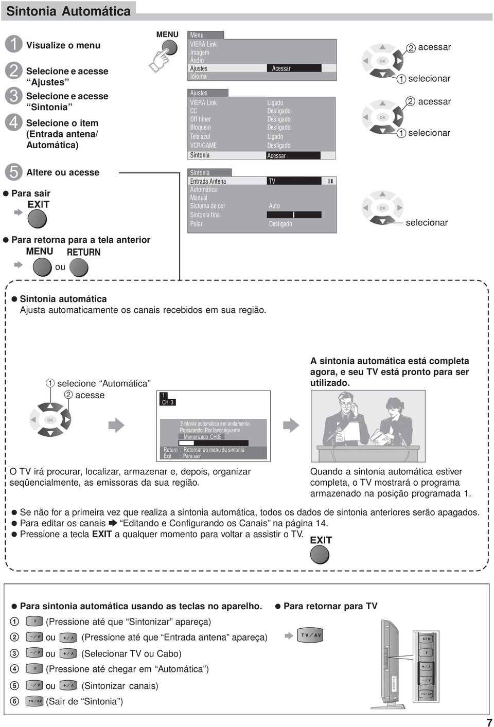 Desligado Desligado Desligado Ligado Desligado Acessar TV Auto Desligado acessar selecionar acessar selecionar selecionar Para retorna para a tela anterior ou Sintonia automática Ajusta