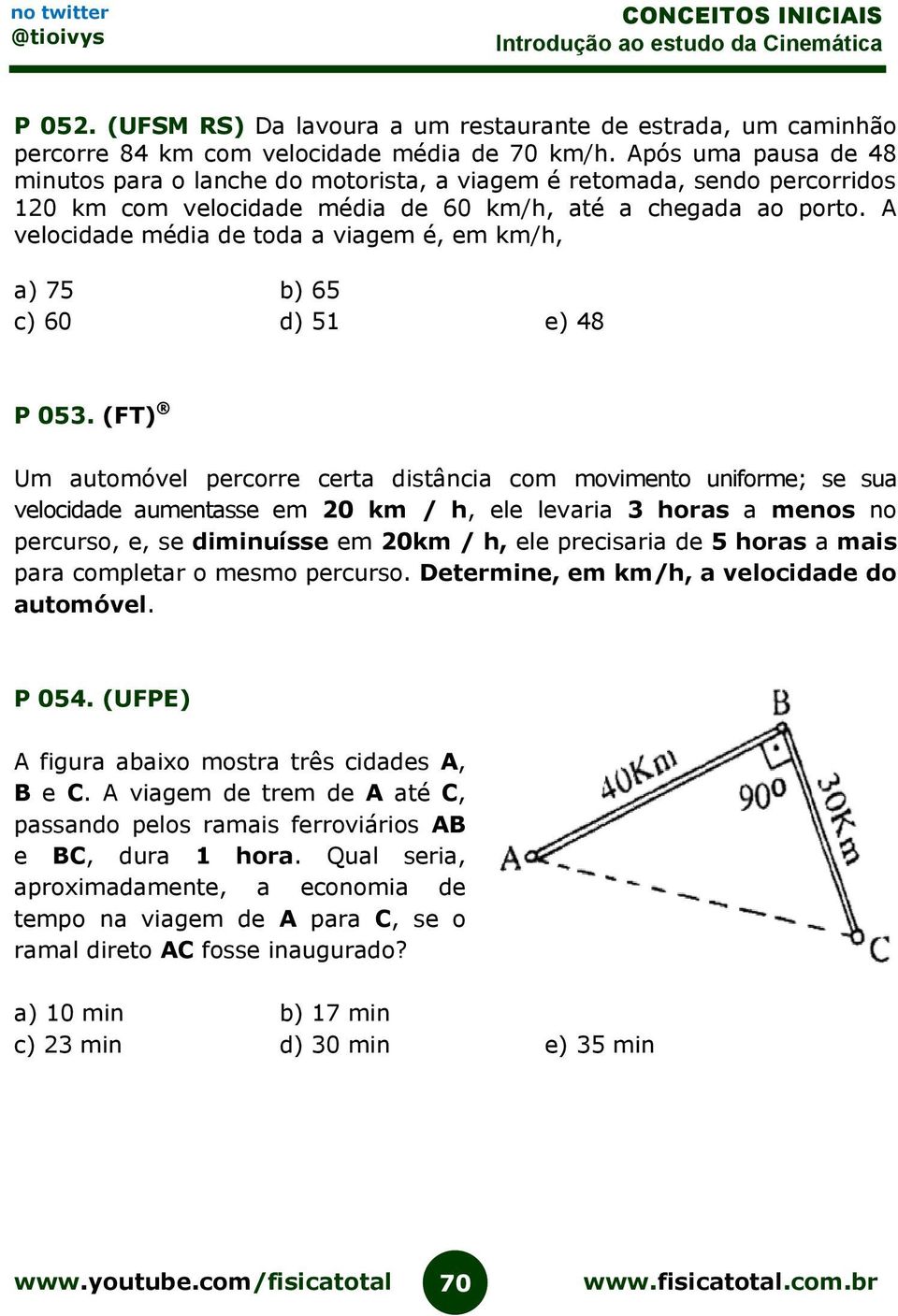 A velocidade média de toda a viagem é, em km/h, a) 75 b) 65 c) 60 d) 51 e) 48 P 053.