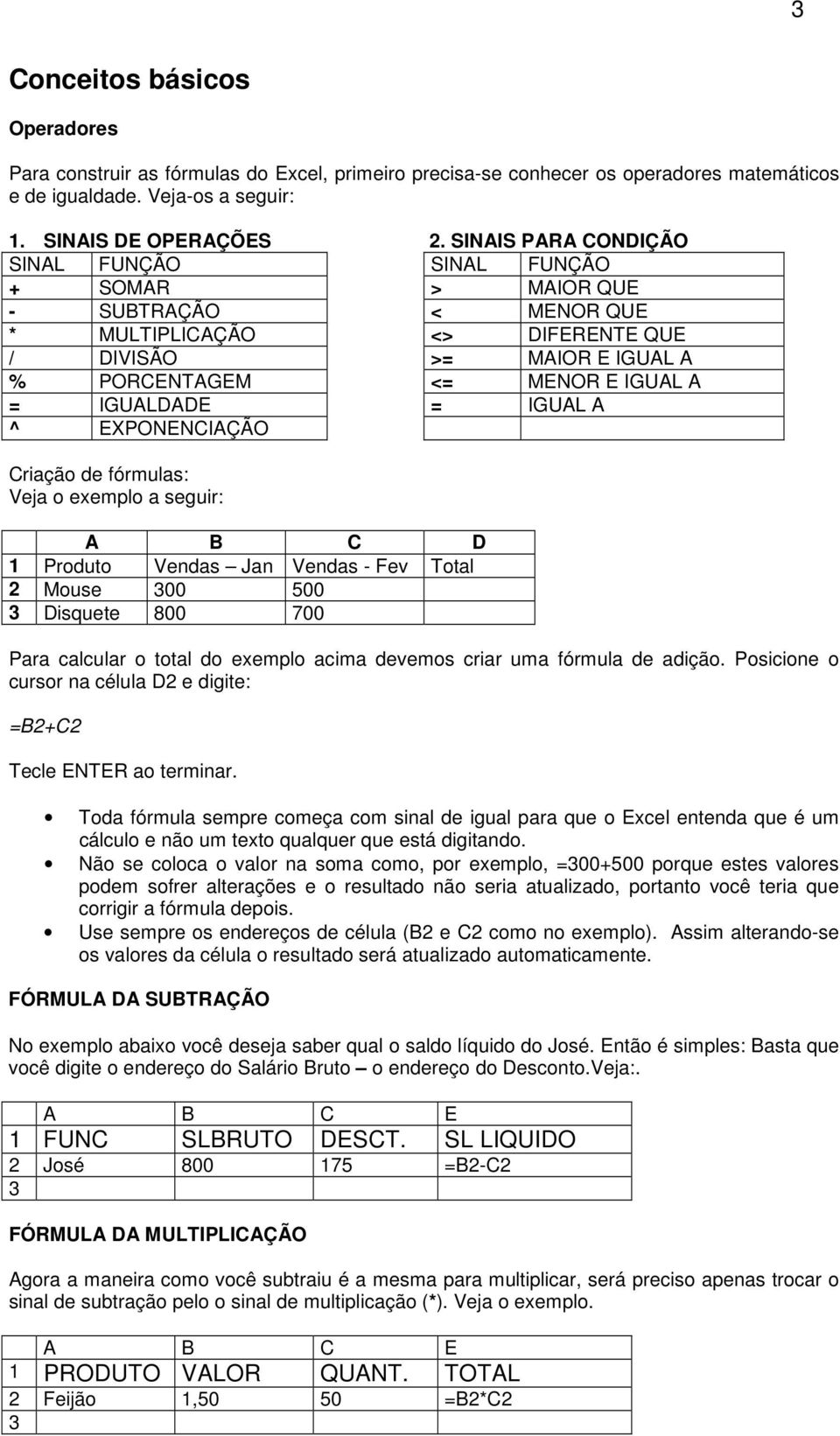 IGUAL A ^ EXPONENCIAÇÃO Criação de fórmulas: Veja o exemplo a seguir: A B C D 1 Produto Vendas Jan Vendas - Fev Total 2 Mouse 300 500 3 Disquete 800 700 Para calcular o total do exemplo acima devemos