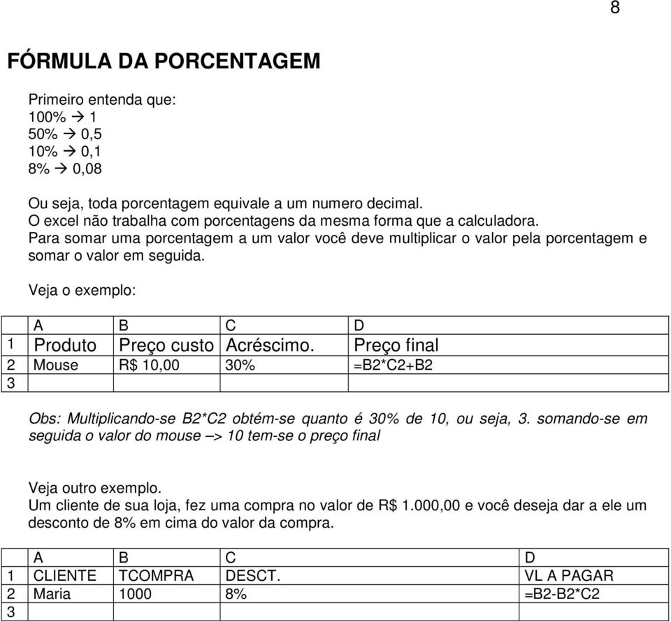 Veja o exemplo: A B C D 1 Produto Preço custo Acréscimo. Preço final 2 Mouse R$ 10,00 30% =B2*C2+B2 3 Obs: Multiplicando-se B2*C2 obtém-se quanto é 30% de 10, ou seja, 3.