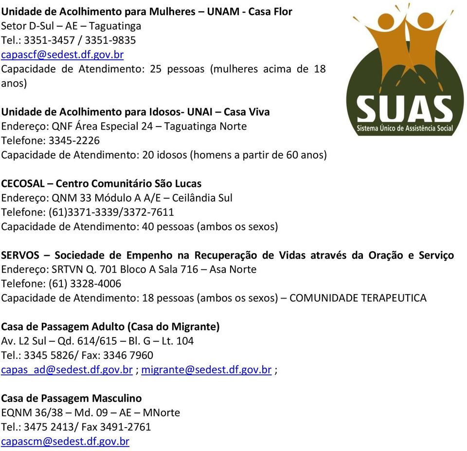 de Atendimento: 20 idosos (homens a partir de 60 anos) CECOSAL Centro Comunitário São Lucas Endereço: QNM 33 Módulo A A/E Ceilândia Sul Telefone: (61)3371-3339/3372-7611 Capacidade de Atendimento: 40