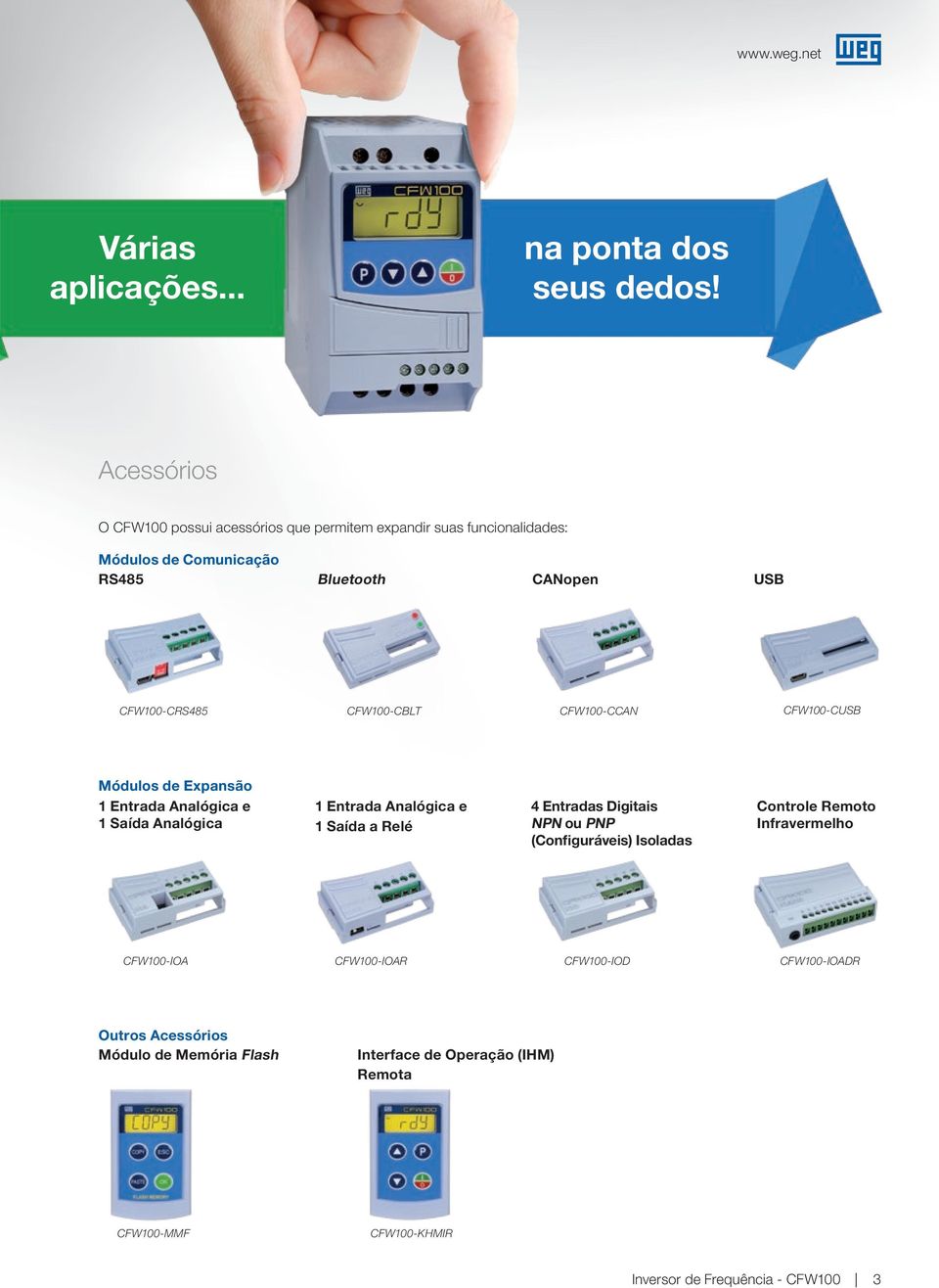 CFW100-CBLT CFW100-CCAN CFW100-CUSB Módulos de Expansão 1 Entrada Analóica e 1 Saída Analóica 1 Entrada Analóica e 1 Saída a Relé 4 Entradas Diitais