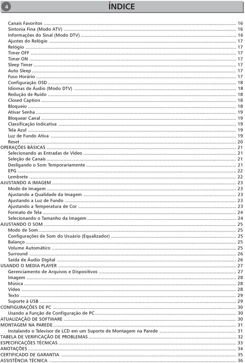 .. 19 Classificação Indicativa... 19 Tela Azul... 19 Luz de Fundo Ativa... 19 Reset... 20 OPERAÇÕES BÁSICAS... 21 Selecionando as Entradas de Vídeo... 21 Seleção de Canais.