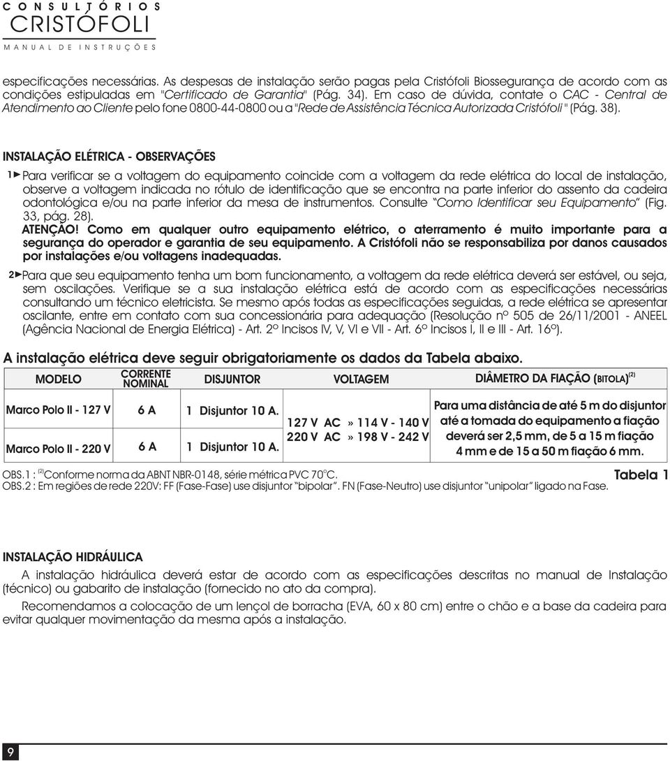 INSTALAÇÃO ELÉTRICA - OBSERVAÇÕES 1 2 Para verificar se a voltagem do equipamento coincide com a voltagem da rede elétrica do local de instalação, observe a voltagem indicada no rótulo de