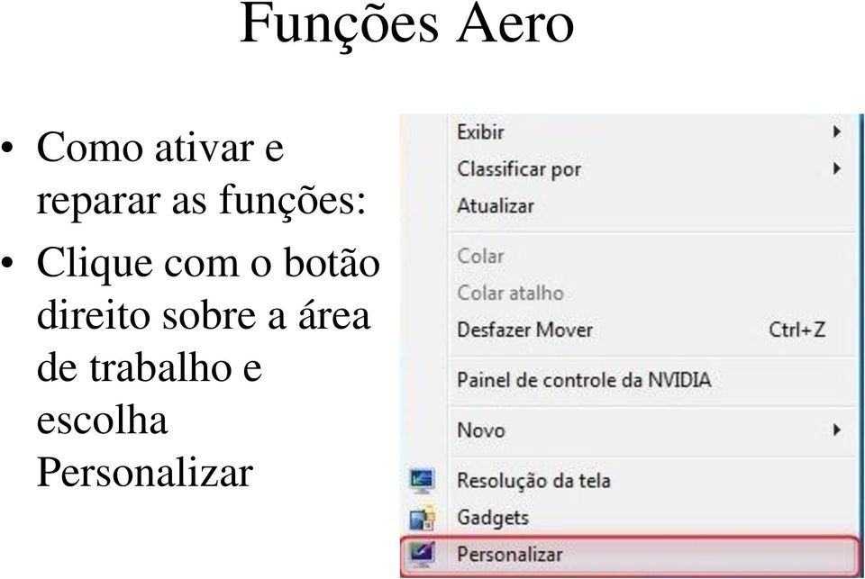 o botão direito sobre a área