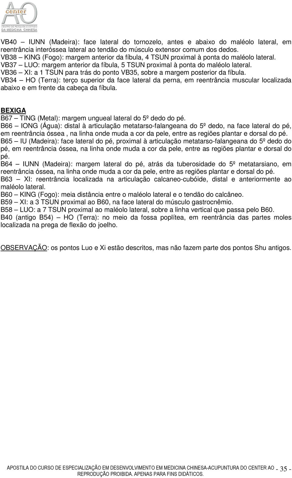 VB36 XI: a 1 TSUN para trás do ponto VB35, sobre a margem posterior da fíbula.