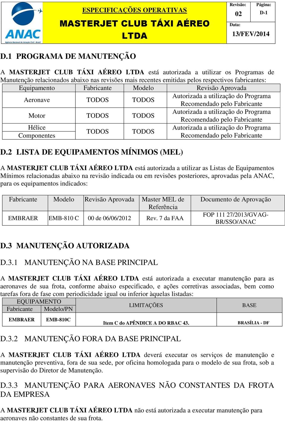 Revisão Aprovada Aeronave TODOS TODOS Autorizada a utilização do Programa Recomendado pelo Fabricante Motor TODOS TODOS Autorizada a utilização do Programa Hélice Componentes TODOS TODOS D.