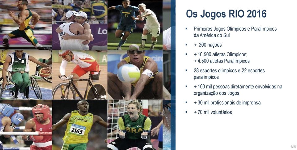 500 atletas Paralímpicos 28 esportes olímpicos e 22 esportes paralímpicos + 100