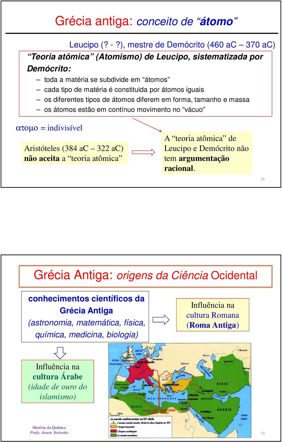 átomos iguais os diferentes tipos de átomos diferem em forma, tamanho e massa os átomos estão em contínuo movimento no vácuo ατοµο = indivisível Aristóteles (384 ac 322 ac) não aceita a