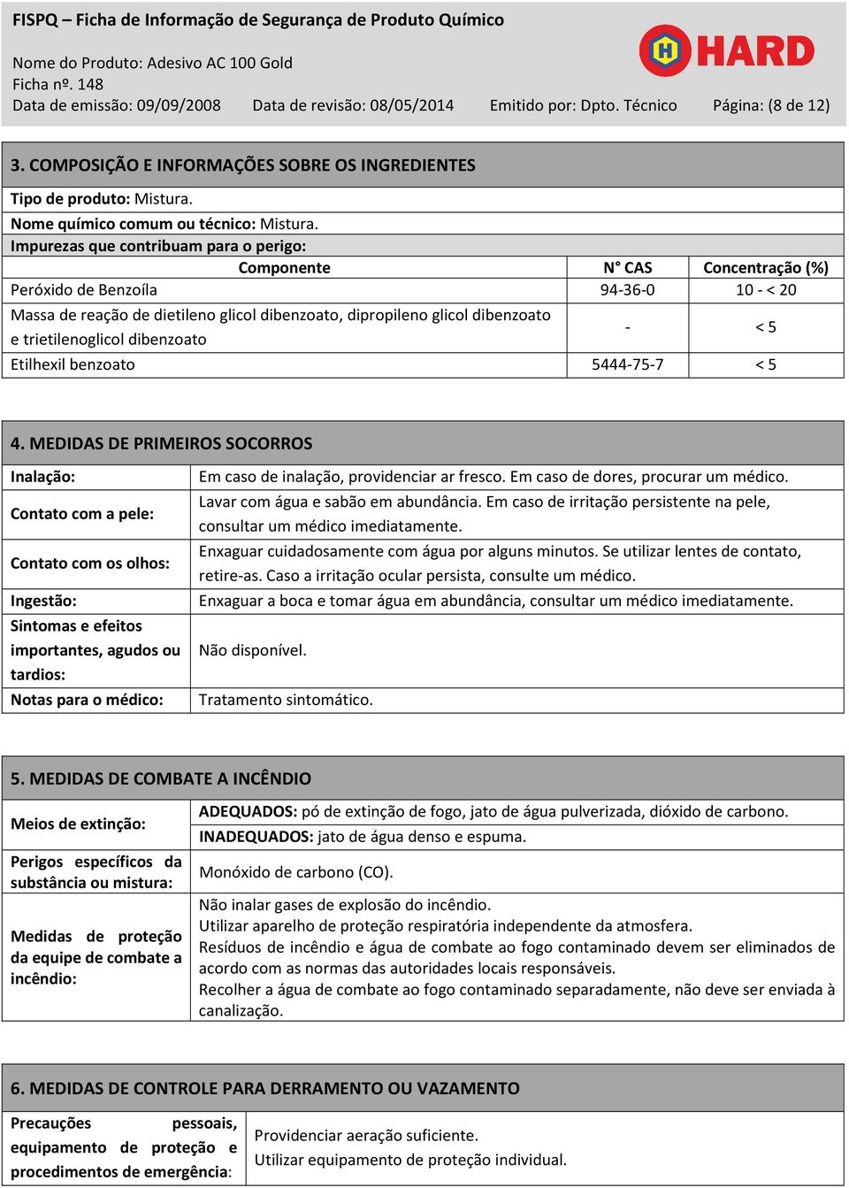 Impurezas que contribuam para o perigo: Componente N CAS Concentração (%) Peróxido de Benzoíla 94-36-0 10 - < 20 Massa de reação de dietileno glicol dibenzoato, dipropileno glicol dibenzoato e