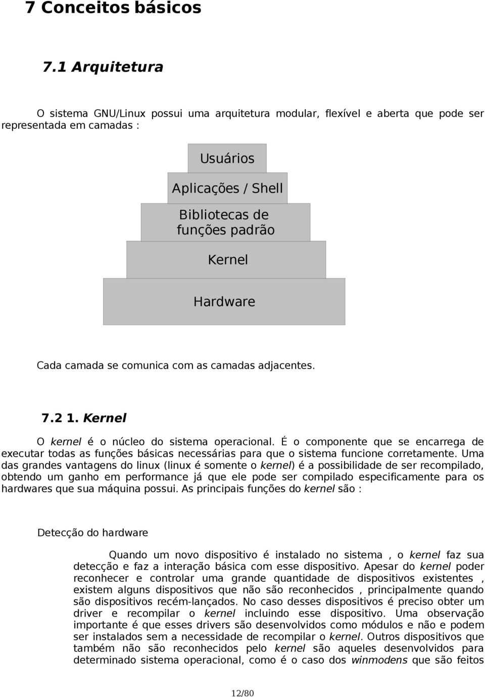 Cada camada se comunica com as camadas adjacentes. 7.2 1. Kernel O kernel é o núcleo do sistema operacional.
