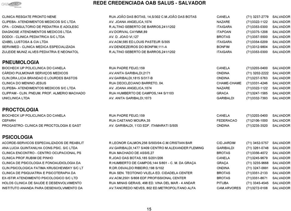 DORIVAL CAYMMI,89 ITAPOAN (71)3375-1208 SALVADOR DODOI - CLINICA PEDIATRICA S/C LTDA AV. D. JOAO VI,127 BROTAS (71)3357-5500 SALVADOR IZABEL LUSTOSA & CIA LTDA AV.ACM,585 ED.