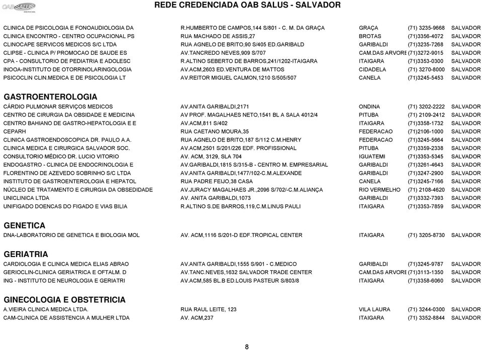 ED.GARIBALD GARIBALDI (71)3235-7268 SALVADOR CLIPSE - CLINICA P/ PROMOCAO DE SAUDE ES AV.TANCREDO NEVES,909 S/707 CAM.DAS ARVORE(71)3272-9015 SALVADOR CPA - CONSULTORIO DE PEDIATRIA E ADOLESC R.