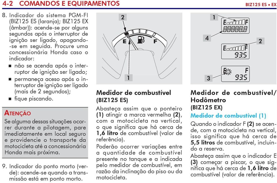 Procure uma concessionária Honda caso o indicador: não se acenda após o interruptor de ignição ser ligado; permaneça aceso após o interruptor de ignição ser ligado (mais de 2 segundos); fique