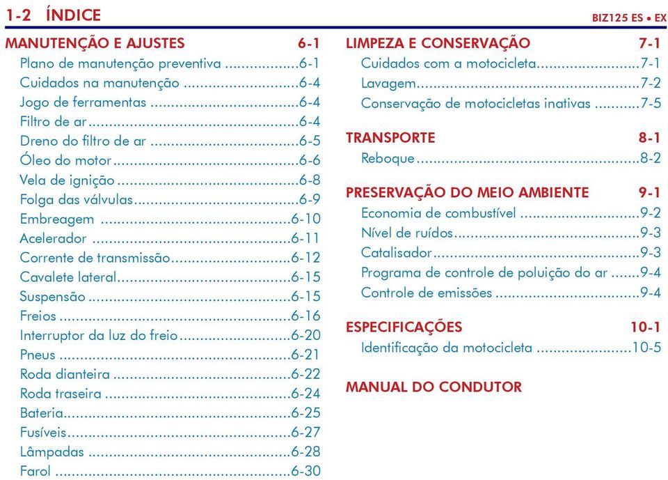 ..6-20 Pneus...6-21 Roda dianteira...6-22 Roda traseira...6-24 Bateria...6-25 Fusíveis...6-27 Lâmpadas...6-28 Farol...6-30 LIMPEZA E CONSERVAÇÃO 7-1 Cuidados com a motocicleta...7-1 Lavagem.