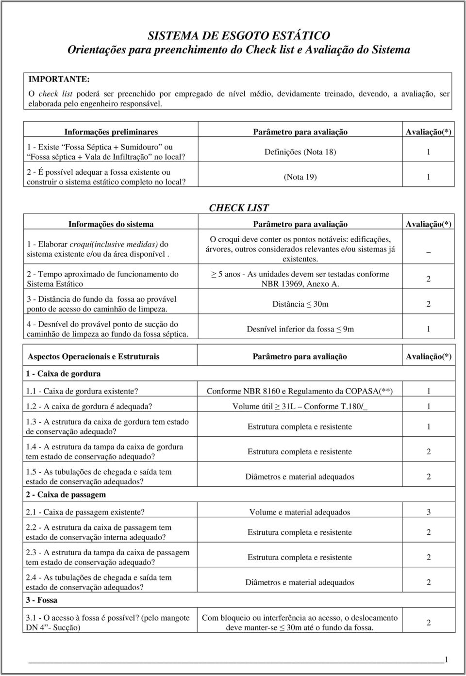 Informações preliminares Parâmetro para avaliação Avaliação(*) - Existe Fossa Séptica + Sumidouro ou Fossa séptica + Vala de Infiltração no local?