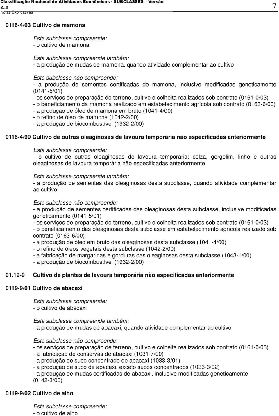 contrato (0163-6/00) - a produção de óleo de mamona em bruto (1041-4/00) - o refino de óleo de mamona (1042-2/00) - a produção de biocombustível (1932-2/00) 0116-4/99 Cultivo de outras oleaginosas de