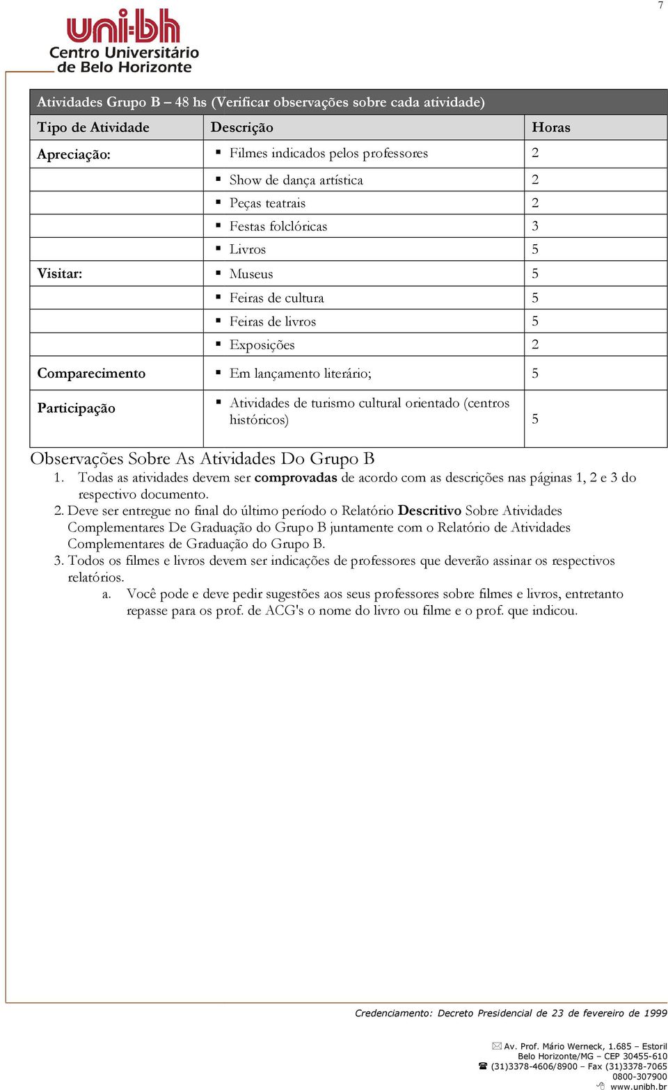 históricos) Observações Sobre As Atividades Do Grupo B 1. Todas as atividades devem ser comprovadas de acordo com as descrições nas páginas 1, 2 