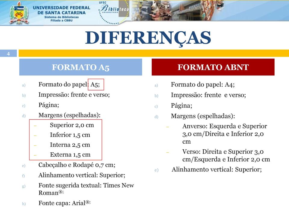 Roman ; h) Fonte capa: Arial ; a) Formato do papel: A4; b) Impressão: frente e verso; c) Página; FORMATO ABNT d) Margens (espelhadas):