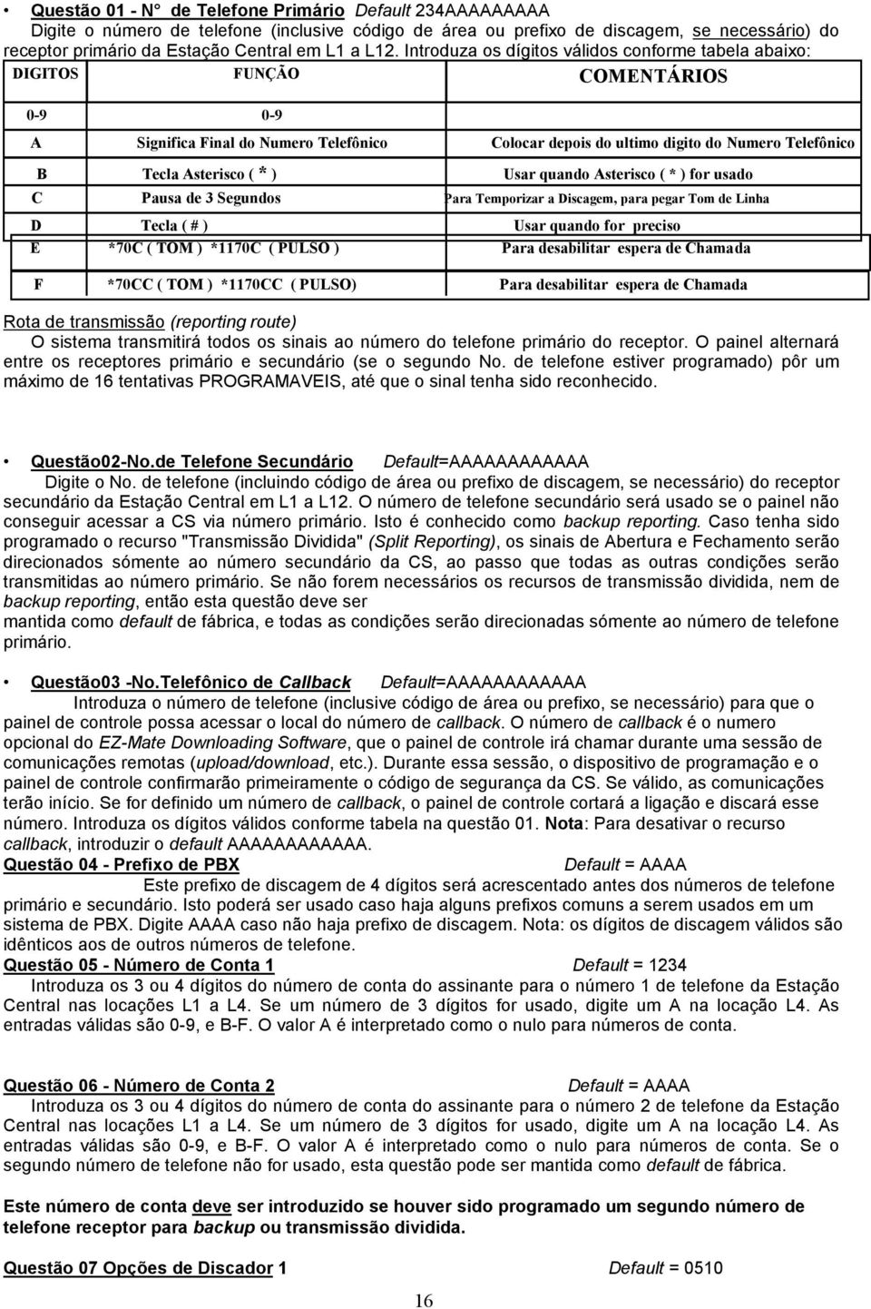 Asterisco ( * ) Usar quando Asterisco ( * ) for usado C Pausa de 3 Segundos Para Temporizar a Discagem, para pegar Tom de Linha D Tecla ( # ) Usar quando for preciso E *70C ( TOM ) *1170C ( PULSO )