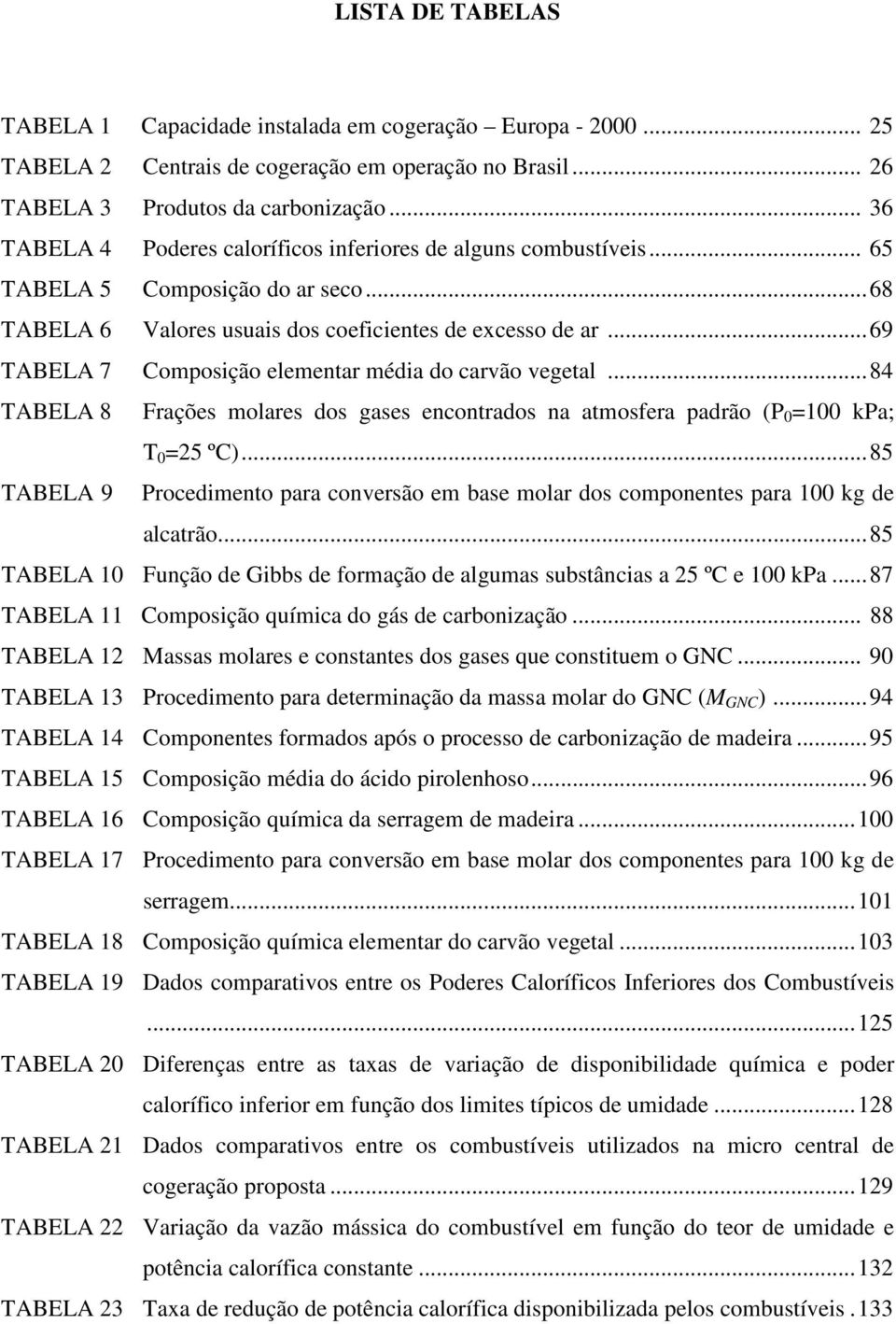 ..69 TABELA 7 Composição elementar média do carvão vegetal...84 TABELA 8 Frações molares dos gases encontrados na atmosfera padrão (P =1 kpa; T =25 ºC).