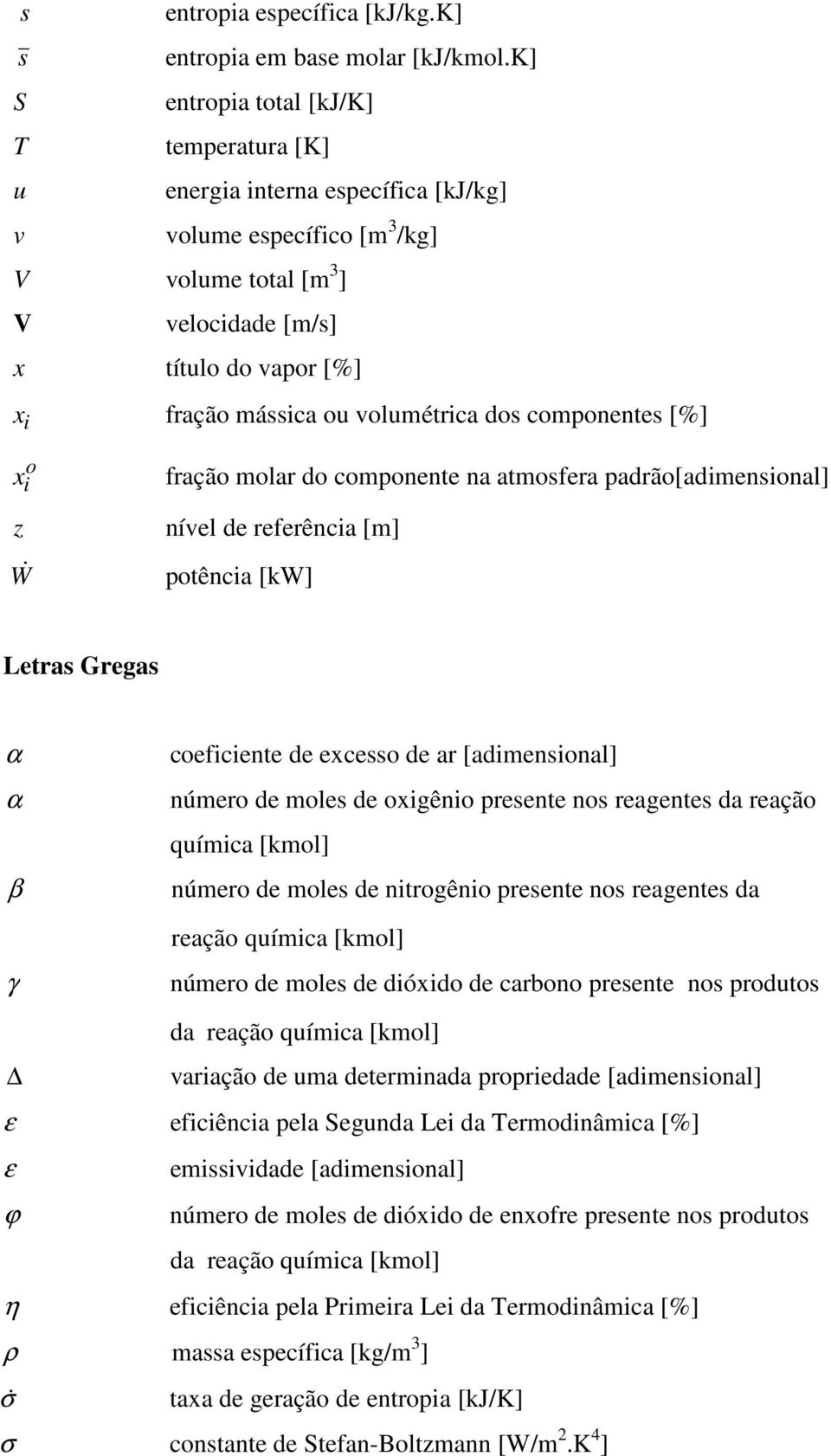 volumétrica dos componentes [%] o x i z W & fração molar do componente na atmosfera padrão[adimensional] nível de referência [m] potência [kw] Letras Gregas α coeficiente de excesso de ar