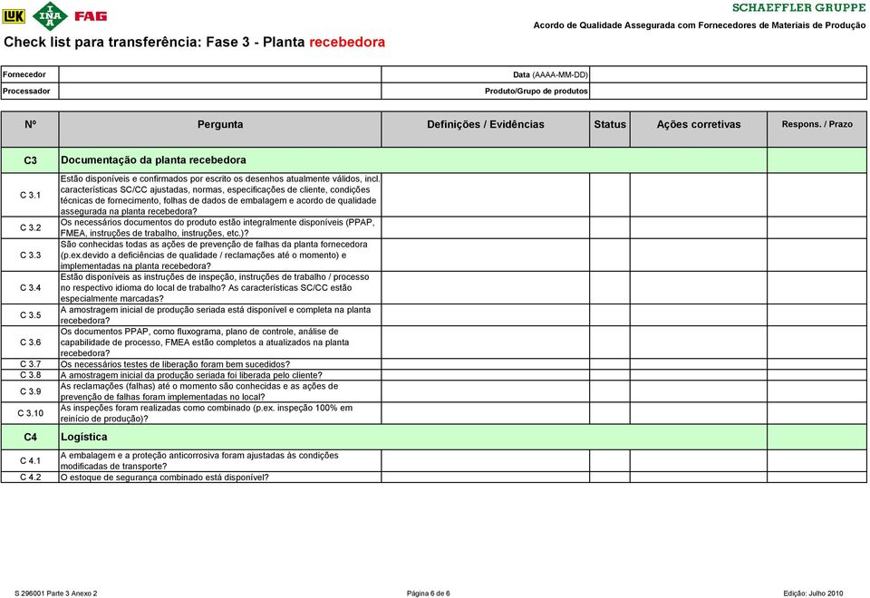 características SC/CC ajustadas, normas, especificações de cliente, condições técnicas de fornecimento, folhas de dados de embalagem e acordo de qualidade assegurada na planta recebedora?